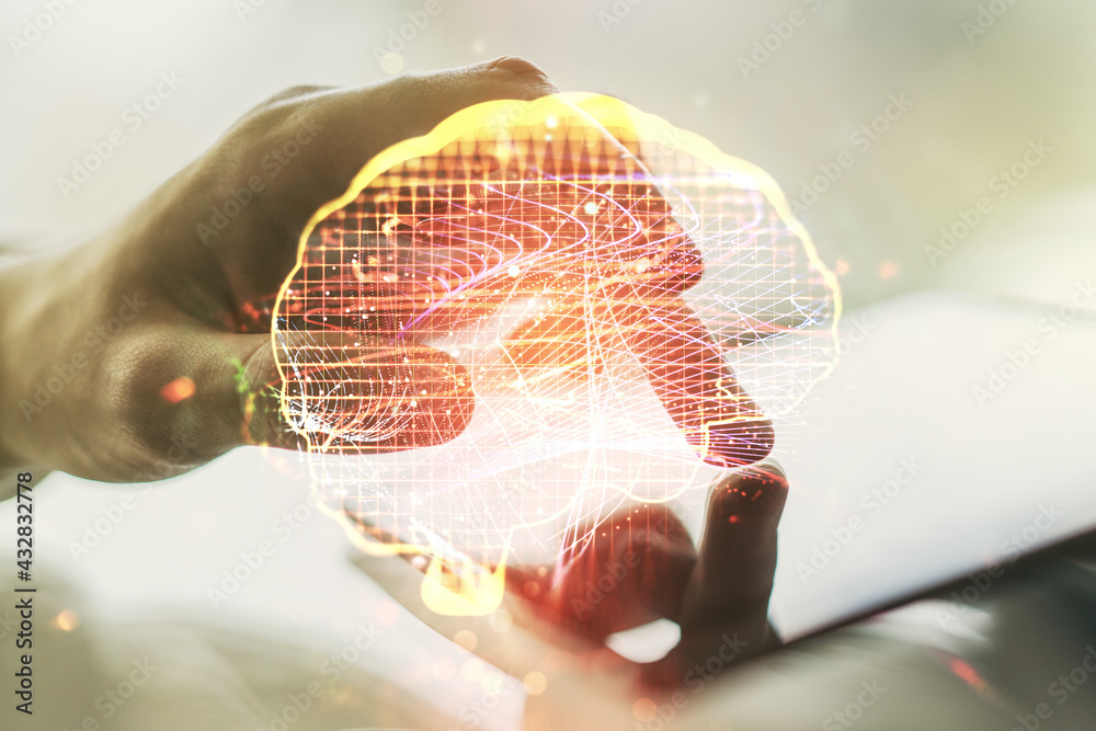 Aufkleber Creative artificial Intelligence concept with human brain sketch and finger presses on a digital tablet on background. Double exposure