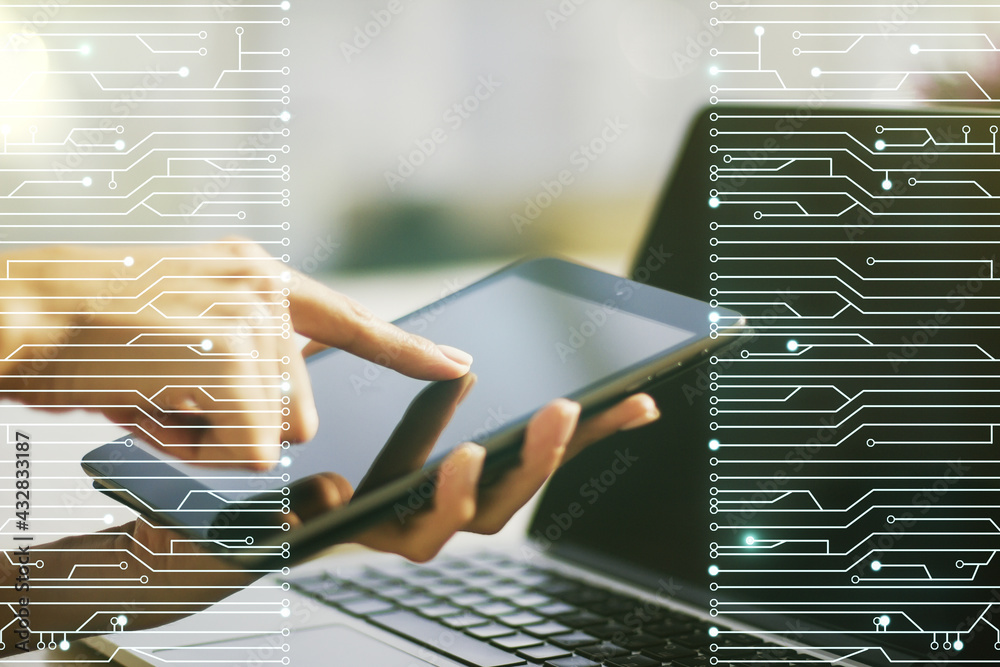 Poster creative abstract micro chip hologram and finger presses on a digital tablet on background, artifici