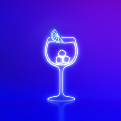 Cocktail icon of neon light on purple background.
