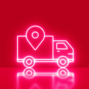 Delivery Car On Neon Light Icon On Red Studio Background.