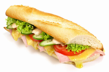 French Baguette with Ham and Cheese on white Background - Isolated