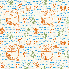 A pattern of sea life. Doodle background of marine, oceanic life. Fish and other marine animals and plants for textiles. Vector illustration
