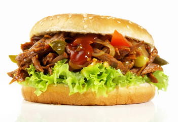 Pulled Beef Hamburger - Fast Food on white Background. Isolated