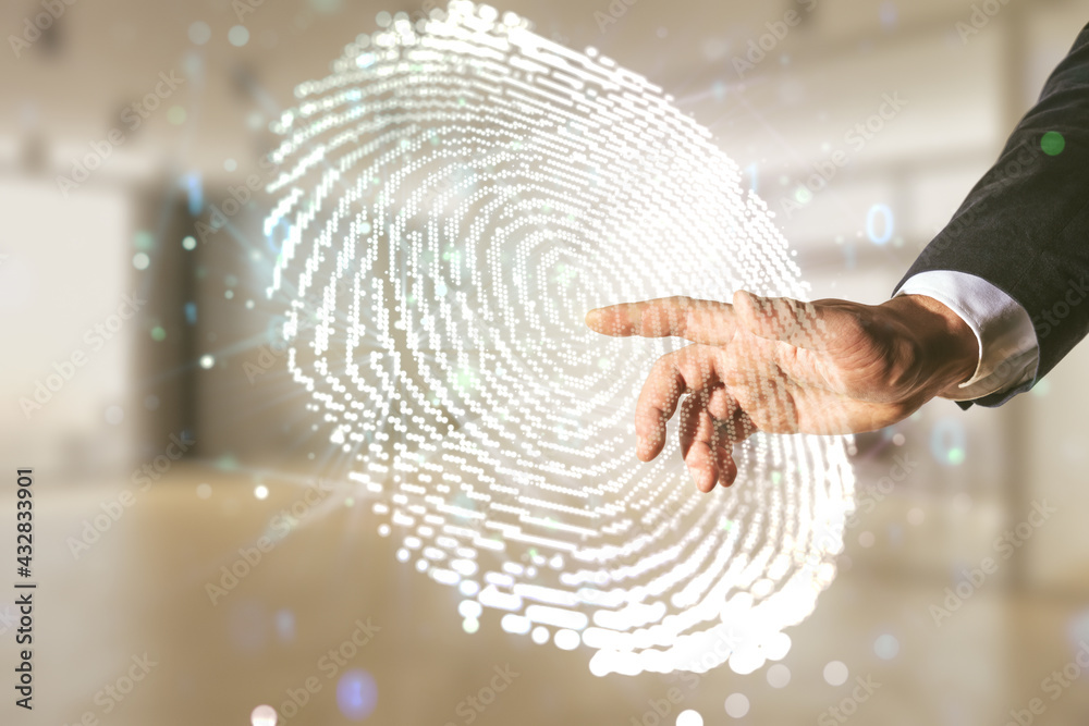 Aufkleber multi exposure of developer's hand clicks on virtual graphic fingerprint sketch on blurred office ba