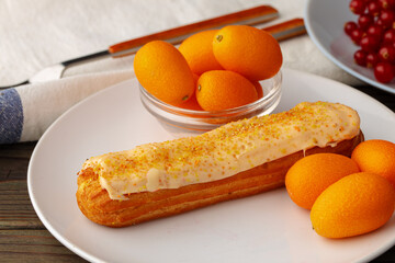 Eclair cake close up on wooden table