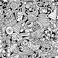 Fototapeta premium Happy Birthday hand drawn doodles seamless pattern.