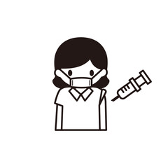 予防接種でワクチンを注射しているマスクをした女性のシンプルなイラスト