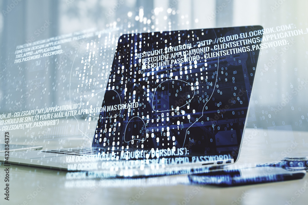 Poster double exposure of creative code skull hologram on laptop background. malware and cyber crime concep