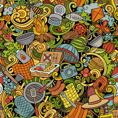 Picnic hand drawn doodles seamless pattern. BBQ background.