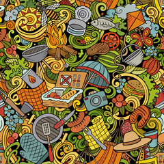 Obraz premium Picnic hand drawn doodles seamless pattern. BBQ background.