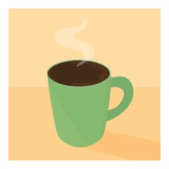 A poster with a green cup of black coffee. A postcard with a coffee mug on a beige background. Vector illustration.