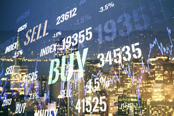 Multi exposure of virtual abstract financial graph interface on San Francisco cityscape background, financial and trading concept
