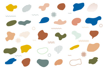 Multicolored abstract liquid forms of spots, drops, blots, stone. Dynamic color shape. Set of graphic elements. Vector illustration.