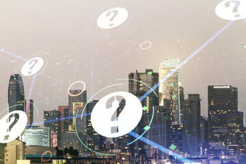 Abstract virtual question mark sketch on Los Angeles office buildings background, FAQ and research concept. Double exposure