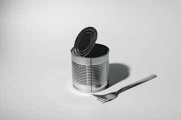 Tin can for food on gray background