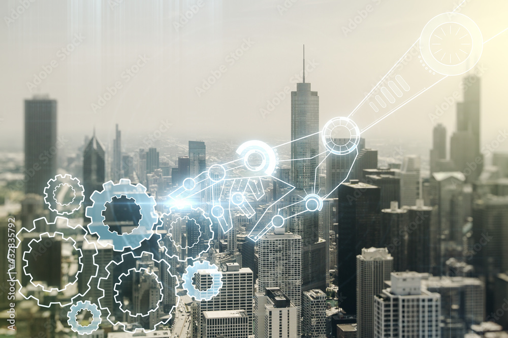 Aufkleber abstract virtual robotics technology sketch on chicago office buildings background, future technolog