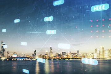Multi exposure of abstract programming language hologram on Chicago office buildings background,...