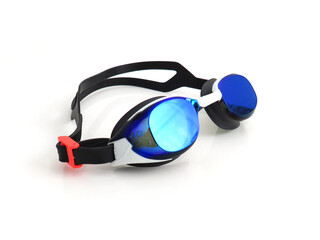 Professional swimming goggles with blue mirror lenses isolated. Close up of blue goggles for swimming. Water sport accessory. Sports equipment and physical activity concept.