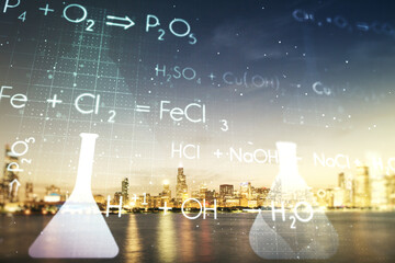 Creative chemistry hologram on Chicago office buildings background, pharmaceutical research concept. Multiexposure