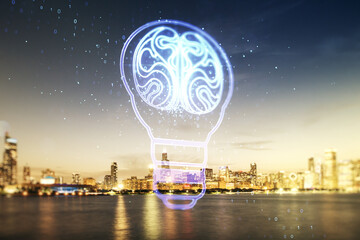 Abstract virtual idea concept with light bulb and human brain illustration on Chicago skyline...