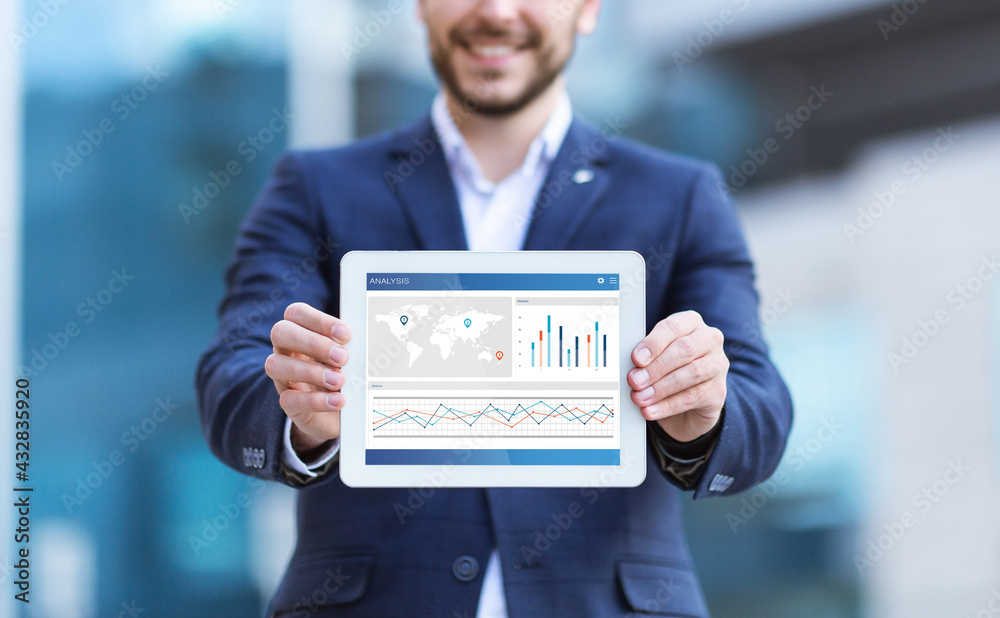 Aufkleber Unrecognizable businessman showing digital tablet with stock analysis app