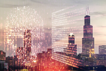 Abstract virtual code skull hologram on Chicago cityscape background, cybercrime and hacking...