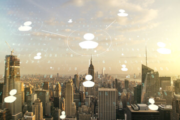 Abstract virtual social network concept on New York city skyline background. Multiexposure