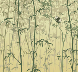 Background with bamboo forest and panda on wood. Vector illustration 