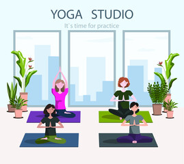 Group of young women doing lotus asana in a bright yoga studio with indoor flowers on the background of a big city. Poster or banner for yoga studio. Flat cartoon style character