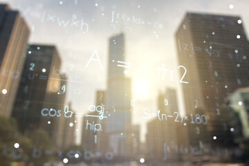 Scientific formula hologram on blurry cityscape background, research concept. Multiexposure