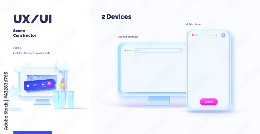 Poster 3d toolkit-ui ux scene creator. part 4 application design. smartphone and desktop mockup with active