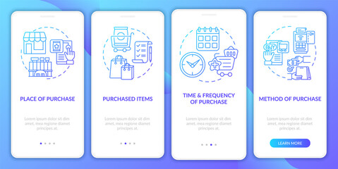 Customer behaviour patterns onboarding mobile app page screen with concepts. Time, frequency walkthrough 4 steps graphic instructions. UI, UX, GUI vector template with linear color illustrations