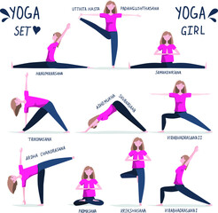 Set yoga asanas young woman doing yoga poses. Healthy lifestyle. Collection of female flat cartoon characters demonstrating yoga positions isolated on white background 