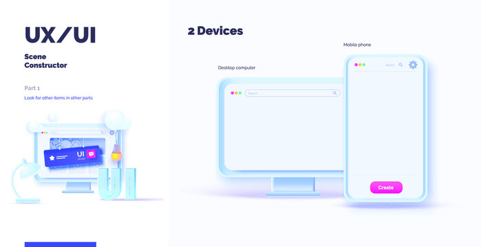 3d toolkit-UI UX scene creator. Part 4 Application design. Smartphone and desktop mockup with active blocks and connections. Creation of the user interface. Modern vector illustration 3d style