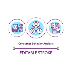 Consumer behavior analysis concept icon. Choosing best marketing strategy to sell products. Business idea thin line illustration. Vector isolated outline RGB color drawing. Editable stroke