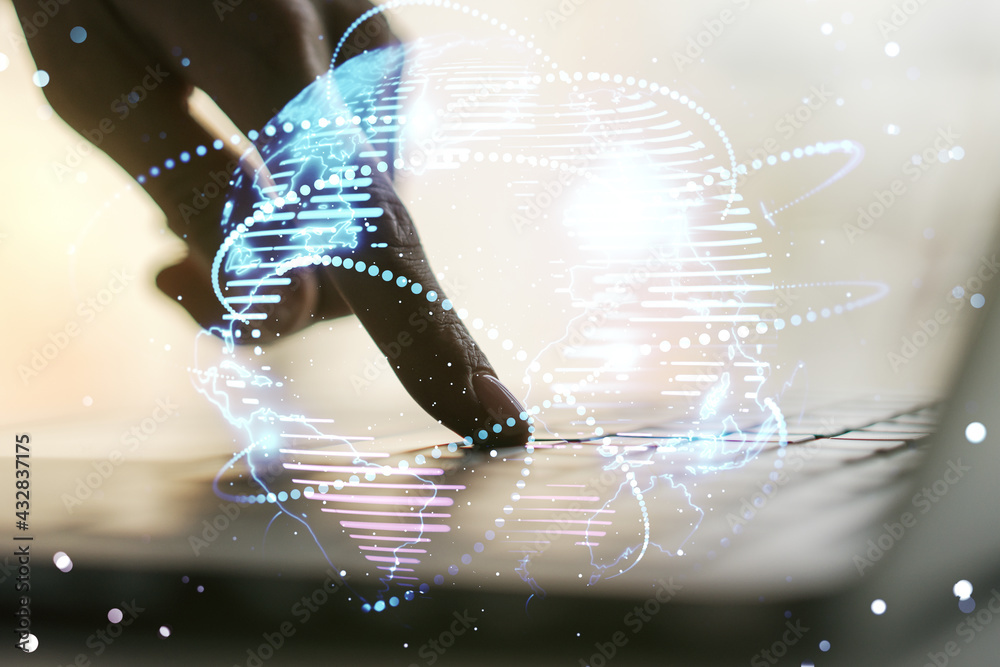 Aufkleber Abstract graphic digital world map with connections and hands typing on computer keyboard on background, globalization concept. Multiexposure