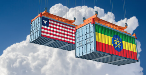 Freight containers with Liberia and Ethiopia flags. 3D Rendering 