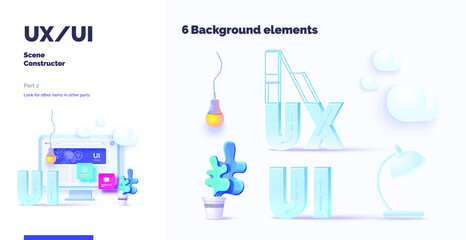 3d toolkit-UI UX scene creator. Part 2 Application design. Smartphone and desktop mockup with active blocks and connections. Creation of the user interface. Modern vector illustration 3d style