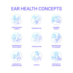 Fototapeta na wymiar Ear health concept icons set. Hearing loss prevention idea thin line RGB color illustrations. Tinnitus. Children immunization. Microsuction. Exposure to loud sound. Vector isolated outline drawings
