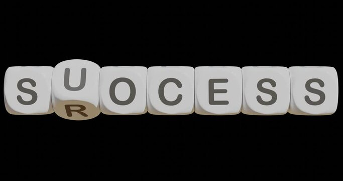 Word PROCESS is laid out from white dice, which changes to SUCCESS by rotating dice around its axis on isolated background, 3D animation.  Business concept: continuous action leads to desired result.
