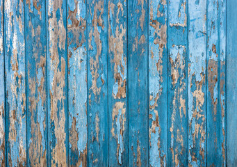 Fototapeta na wymiar Old blue wood wall background weathered rain till decay.