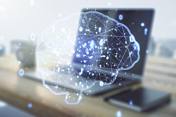 Creative artificial Intelligence concept with human brain sketch and modern desktop with pc on background. Double exposure