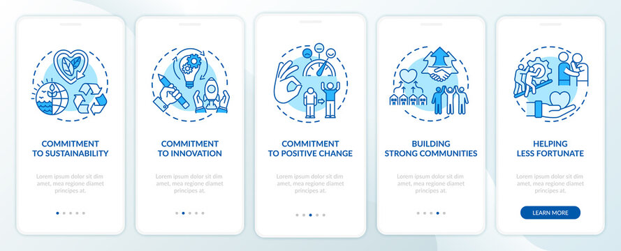 Company Core Morals Onboarding Mobile App Page Screen With Concepts. Sustainability, Help Walkthrough 5 Steps Graphic Instructions. UI, UX, GUI Vector Template With Linear Color Illustrations