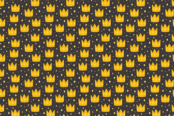 Yellow crowns on dark background. Pattern, texture, paper. 