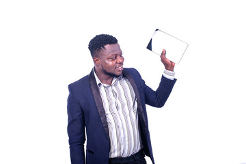 young happy businessman holding a digital tablet.