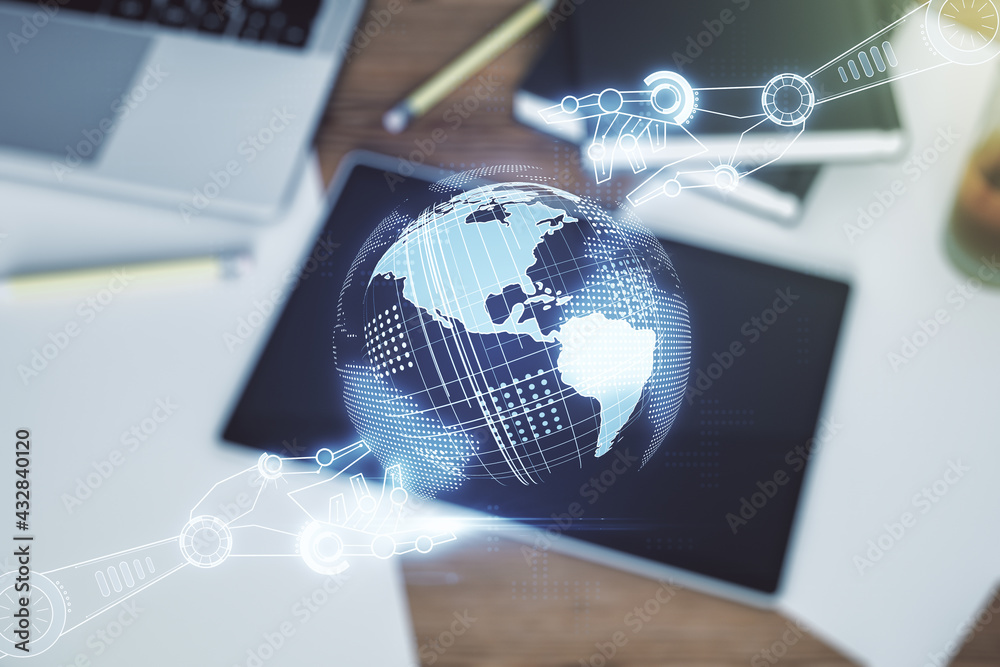 Poster creative abstract robotics technology hologram with globe and modern digital tablet on desktop on ba