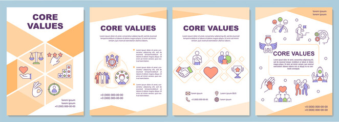 Fototapeta na wymiar Core values brochure template. Personal ethics, ideals. Flyer, booklet, leaflet print, cover design with linear icons. Vector layouts for presentation, annual reports, advertisement pages