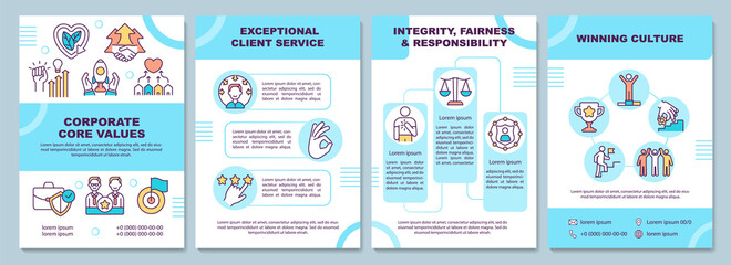 Corporate core values brochure template. Exceptional service. Flyer, booklet, leaflet print, cover design with linear icons. Vector layouts for presentation, annual reports, advertisement pages