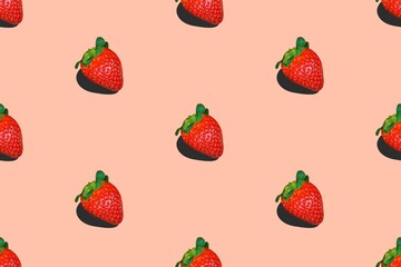 Seamless food pattern from ripe strawberries on pink background. Healthy plant based diet vegan lifestyle beauty concept. Pop art style