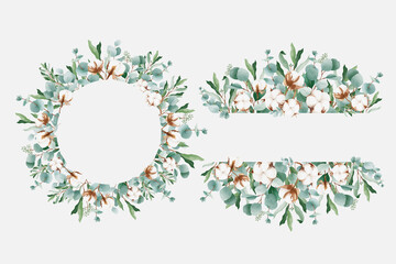 Fototapeta premium Watercolor bouquets with cotton and branches of eucalyptus